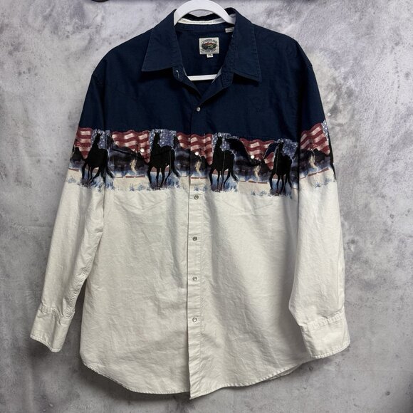 Cumberland Outfitters Other - Cumberland Outfitters Pearl Snap Western Shirt Mens White American Flag VTG XL